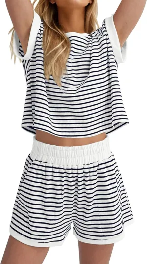 2 Piece Lounge Set for Women Striped Knit Short Sleeve T-Shirts Shorts Casual Suit Summer Beach Shorts Matching Set