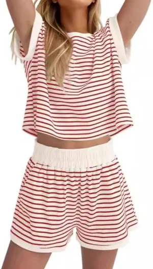 2 Piece Lounge Set Women Striped Short Sleeve Shirts Tops Shorts Matching Sets Summer Casual Pajama Loungewear Suit