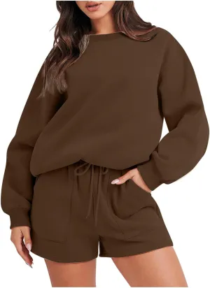 2 Piece Outfits for Women Fall Winter Sweat Shorts and Hoodie Set Basic Solid Color Sweatshirt Workout Matching Sets