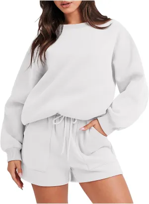 2 Piece Outfits for Women Fall Winter Sweat Shorts and Hoodie Set Basic Solid Color Sweatshirt Workout Matching Sets