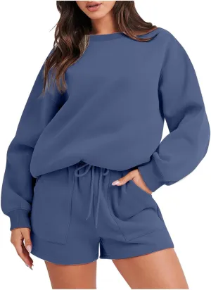2 Piece Outfits for Women Fall Winter Sweat Shorts and Hoodie Set Basic Solid Color Sweatshirt Workout Matching Sets