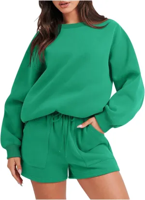 2 Piece Outfits for Women Fall Winter Sweat Shorts and Hoodie Set Basic Solid Color Sweatshirt Workout Matching Sets