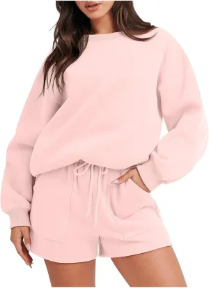 2 Piece Outfits for Women Fall Winter Sweat Shorts and Hoodie Set Basic Solid Color Sweatshirt Workout Matching Sets