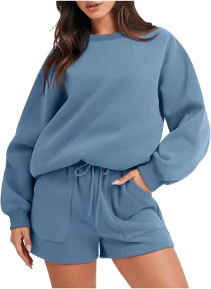 2 Piece Outfits for Women Fall Winter Sweat Shorts and Hoodie Set Basic Solid Color Sweatshirt Workout Matching Sets
