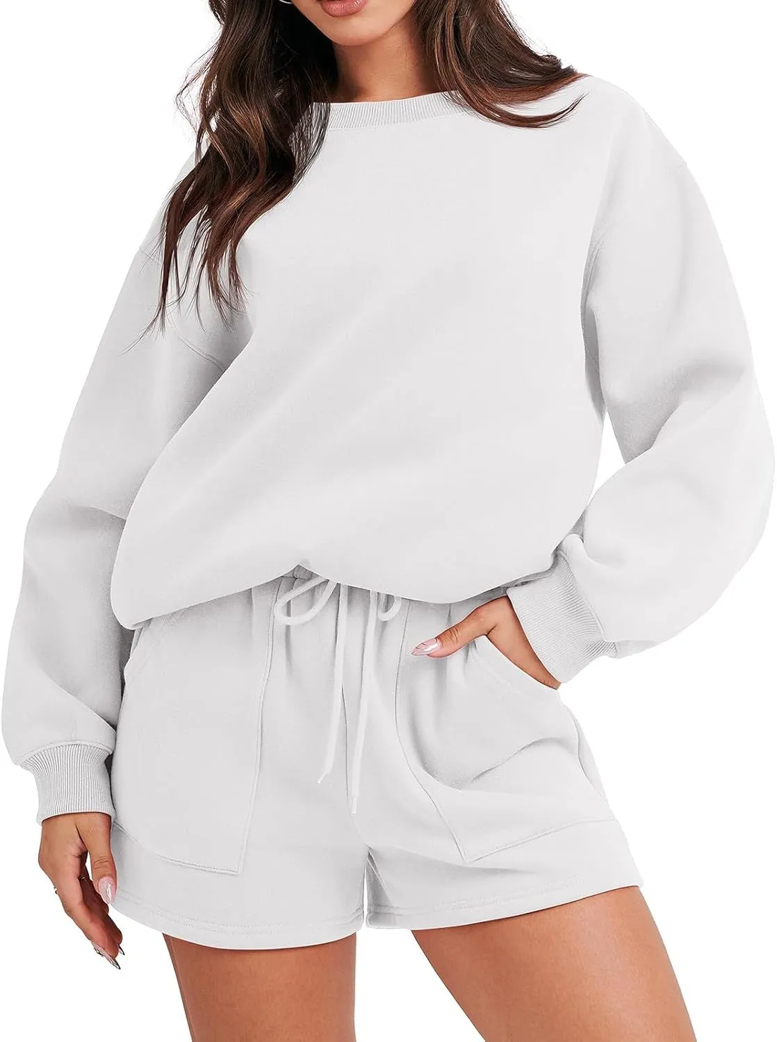 2 Piece Outfits for Women Fall Winter Sweat Shorts and Hoodie Set Basic Solid Color Sweatshirt Workout Matching Sets