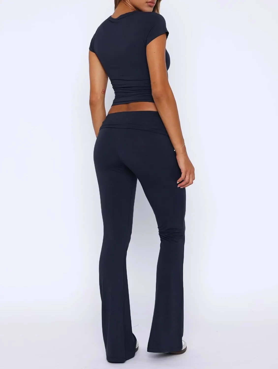 2 Piece Sets for Women Summer Sexy Slim Fit Basic Cropped Tshirts Going Out Tees and Stretchy Flare Yoga Pants