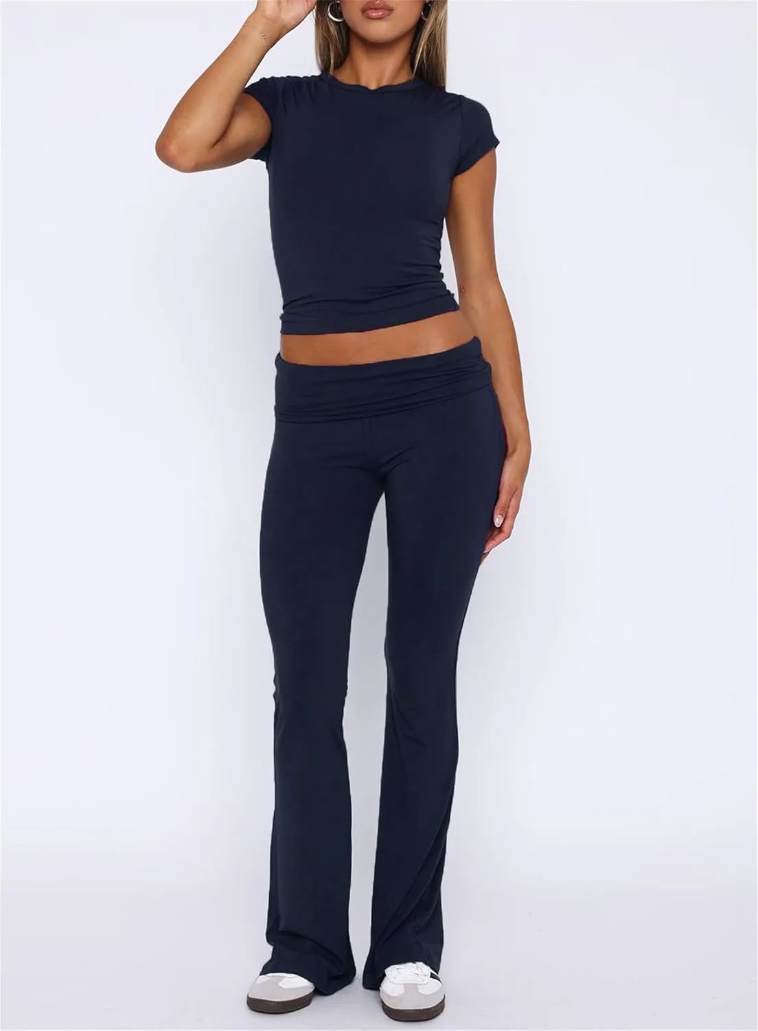 2 Piece Sets for Women Summer Sexy Slim Fit Basic Cropped Tshirts Going Out Tees and Stretchy Flare Yoga Pants