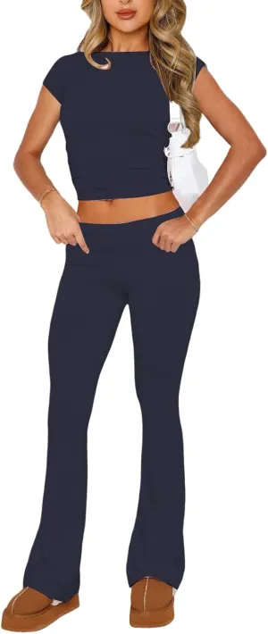 2 Piece Sets for Women Summer Sexy Slim Fit Basic Cropped Tshirts Going Out Tees and Stretchy Flare Yoga Pants