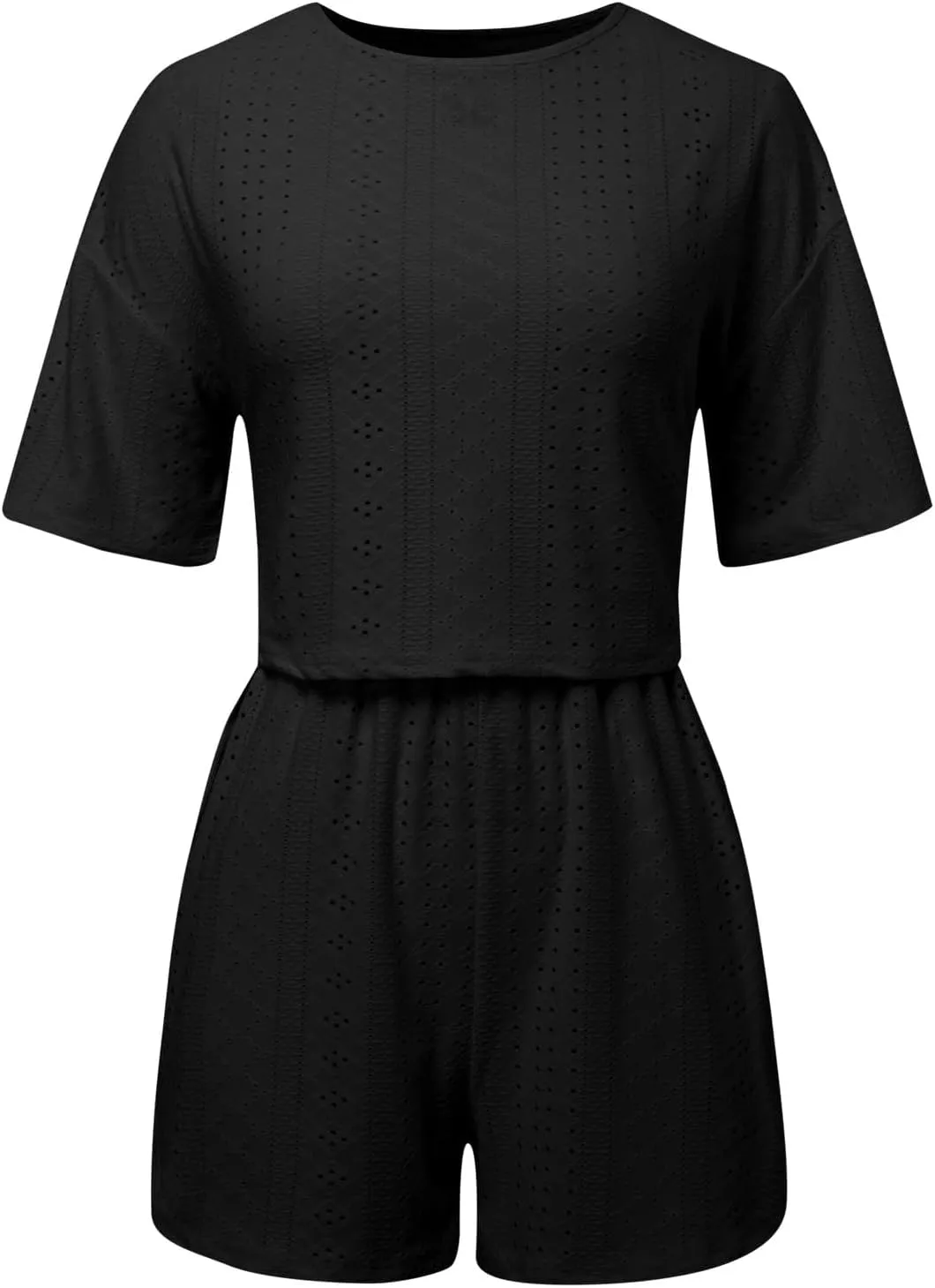 2 Piece Short Sets for Women Sexy Hollow Out Round Neck Short Sleeve Crop Tops Elastic Waist Shorts Outfit Tracksuit