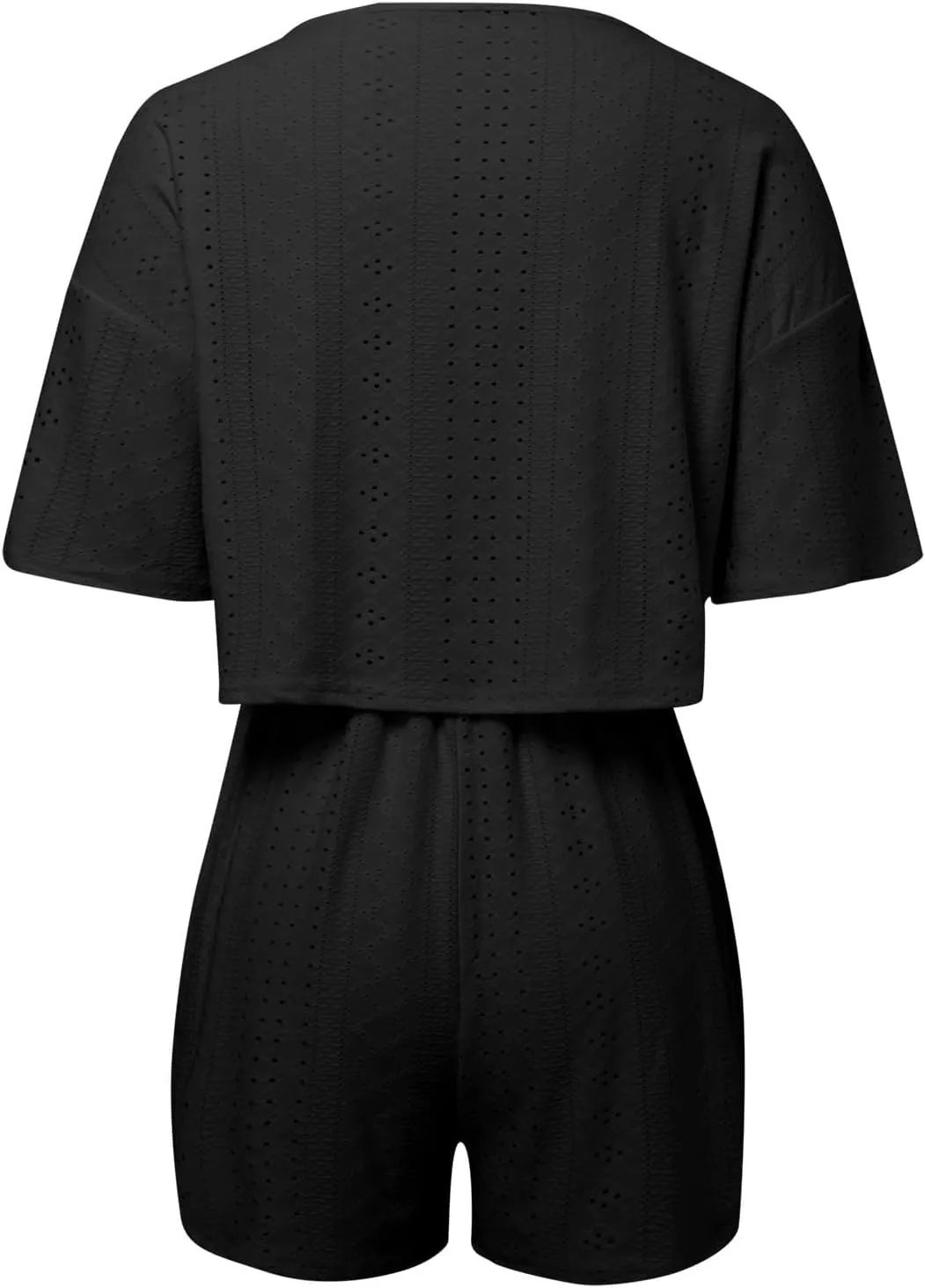 2 Piece Short Sets for Women Sexy Hollow Out Round Neck Short Sleeve Crop Tops Elastic Waist Shorts Outfit Tracksuit