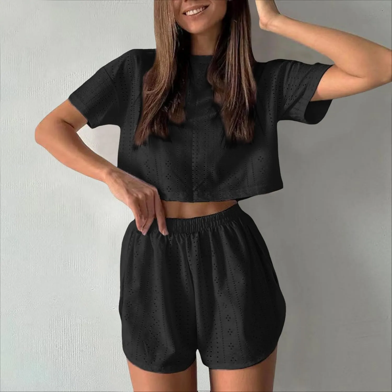 2 Piece Short Sets for Women Sexy Hollow Out Round Neck Short Sleeve Crop Tops Elastic Waist Shorts Outfit Tracksuit