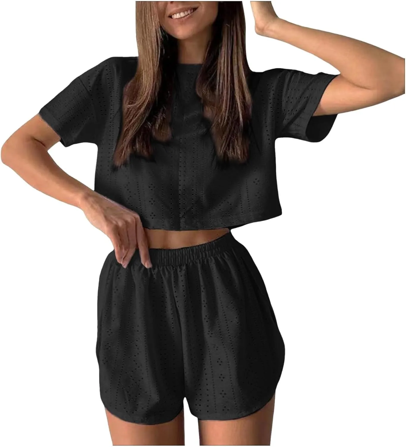 2 Piece Short Sets for Women Sexy Hollow Out Round Neck Short Sleeve Crop Tops Elastic Waist Shorts Outfit Tracksuit
