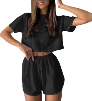 2 Piece Short Sets for Women Sexy Hollow Out Round Neck Short Sleeve Crop Tops Elastic Waist Shorts Outfit Tracksuit
