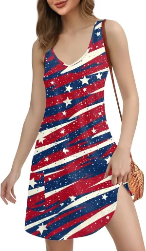 4th of July Dress Women's Casual T Shirt Dresses Summer Sleeveless V Neck Patriotic Sundress with Pockets