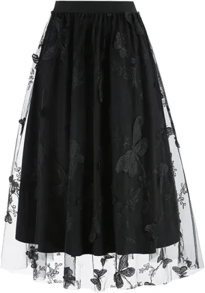 A Line Skirt for Women Retro Mesh Embroidery Tulle Skirts Fashion Elegant Floral Puffy Skirt Pleated Swing Skirts