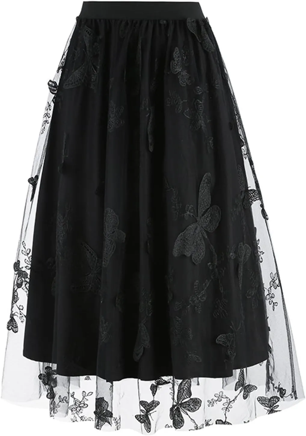 A Line Skirt for Women Retro Mesh Embroidery Tulle Skirts Fashion Elegant Floral Puffy Skirt Pleated Swing Skirts