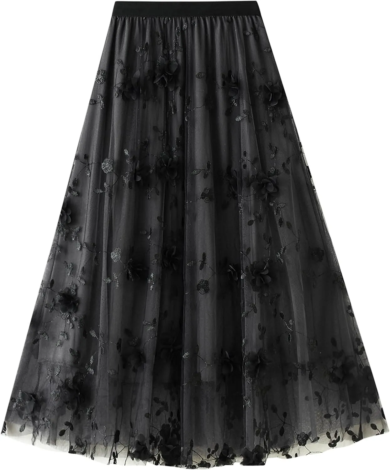 ABAFIP Women's Floral Embroidered Tulle Skirt Elastic High Waist Mesh Tutu A-Line Embroidery Midi Long Skirts