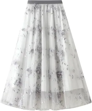 ABAFIP Women's Floral Embroidered Tulle Skirt Elastic High Waist Mesh Tutu A-Line Embroidery Midi Long Skirts