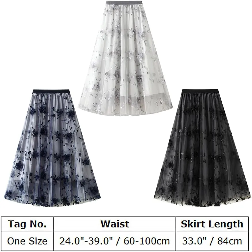 ABAFIP Women's Floral Embroidered Tulle Skirt Elastic High Waist Mesh Tutu A-Line Embroidery Midi Long Skirts