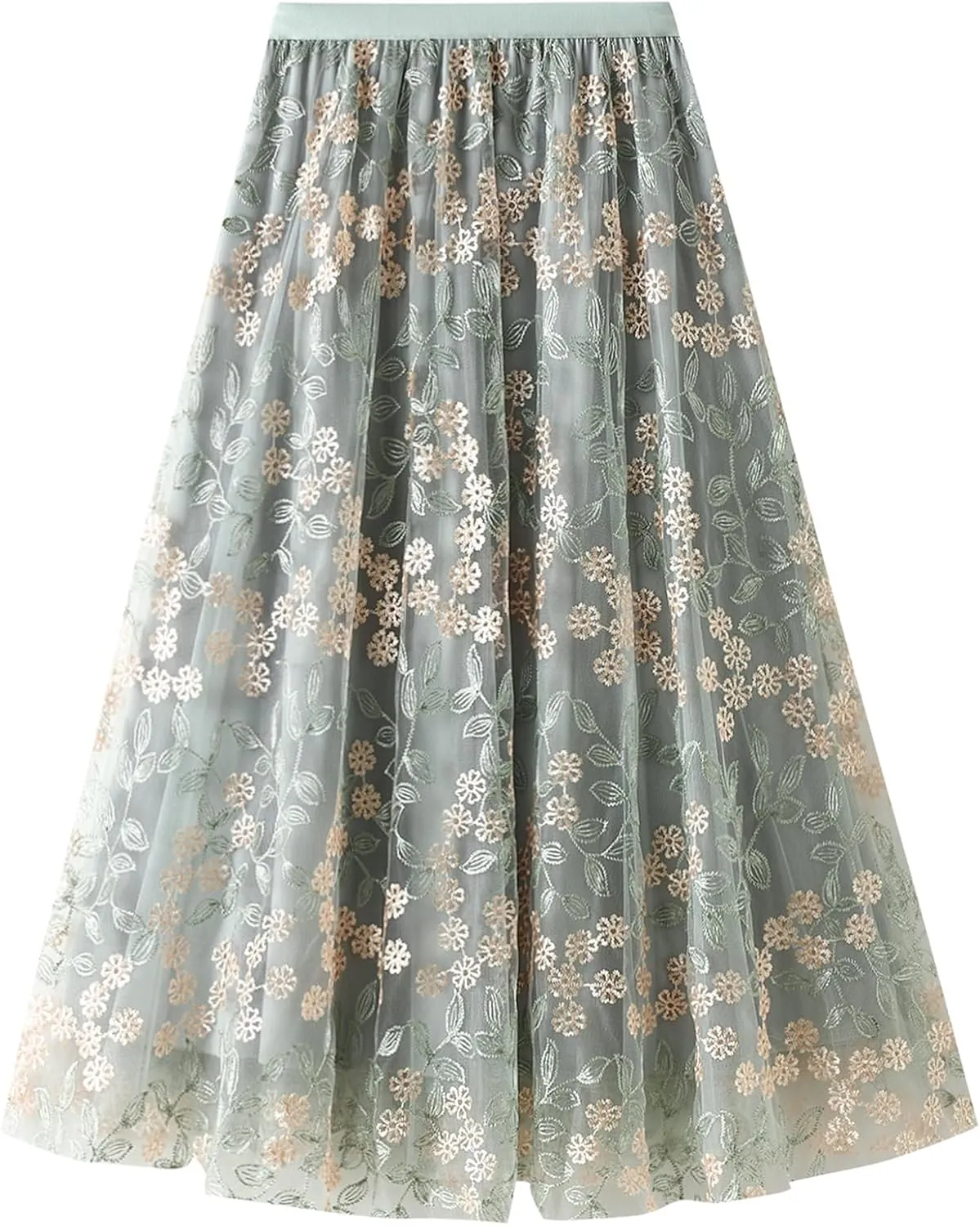 ABAFIP Women's Floral Embroidered Tulle Skirt Elastic High Waist Mesh Tutu A-Line Embroidery Midi Long Skirts