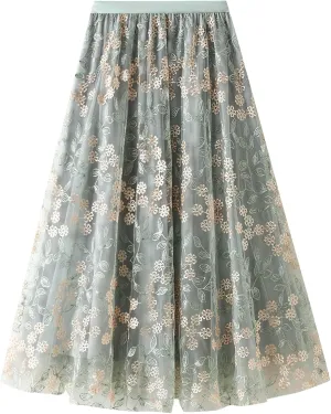 ABAFIP Women's Floral Embroidered Tulle Skirt Elastic High Waist Mesh Tutu A-Line Embroidery Midi Long Skirts