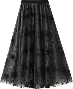 ABAFIP Women's Floral Embroidered Tulle Skirt Elastic High Waist Mesh Tutu A-Line Embroidery Midi Long Skirts
