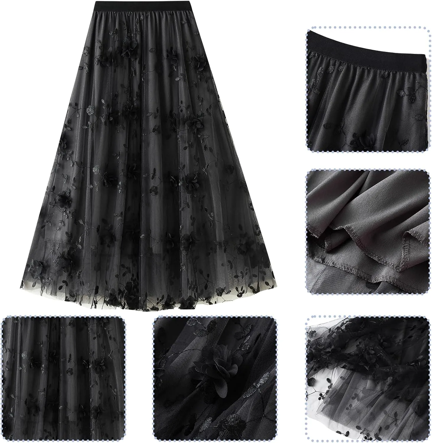 ABAFIP Women's Floral Embroidered Tulle Skirt Elastic High Waist Mesh Tutu A-Line Embroidery Midi Long Skirts