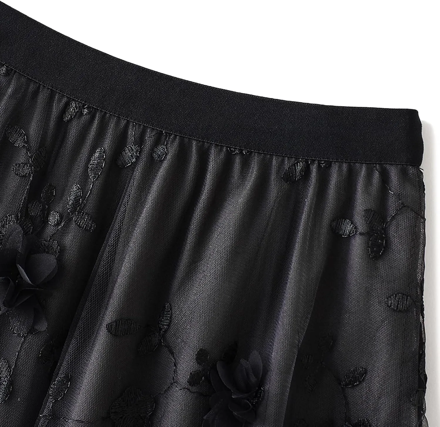 ABAFIP Women's Floral Embroidered Tulle Skirt Elastic High Waist Mesh Tutu A-Line Embroidery Midi Long Skirts