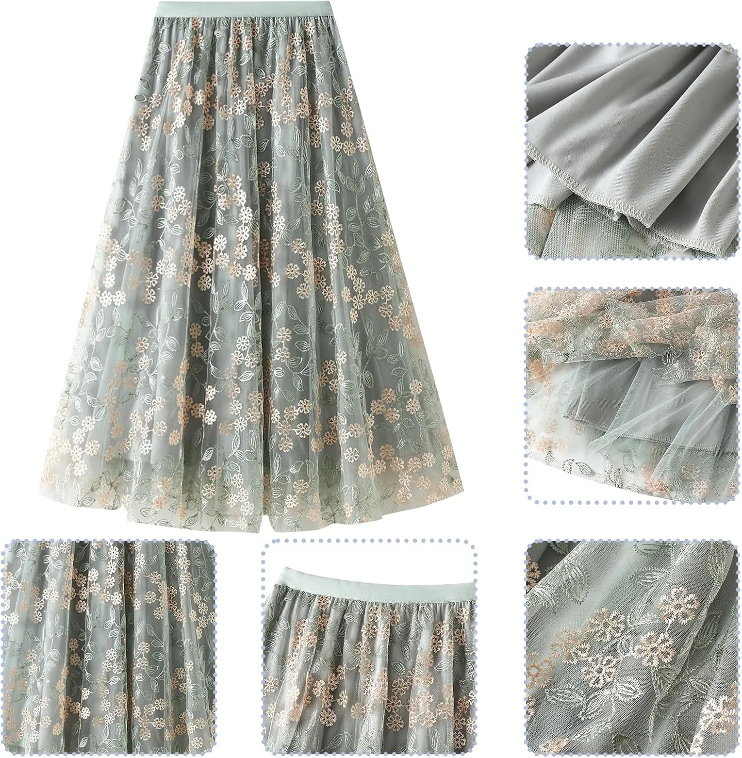 ABAFIP Women's Floral Embroidered Tulle Skirt Elastic High Waist Mesh Tutu A-Line Embroidery Midi Long Skirts
