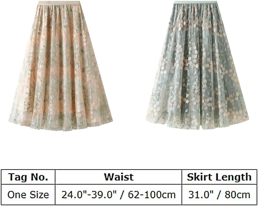 ABAFIP Women's Floral Embroidered Tulle Skirt Elastic High Waist Mesh Tutu A-Line Embroidery Midi Long Skirts