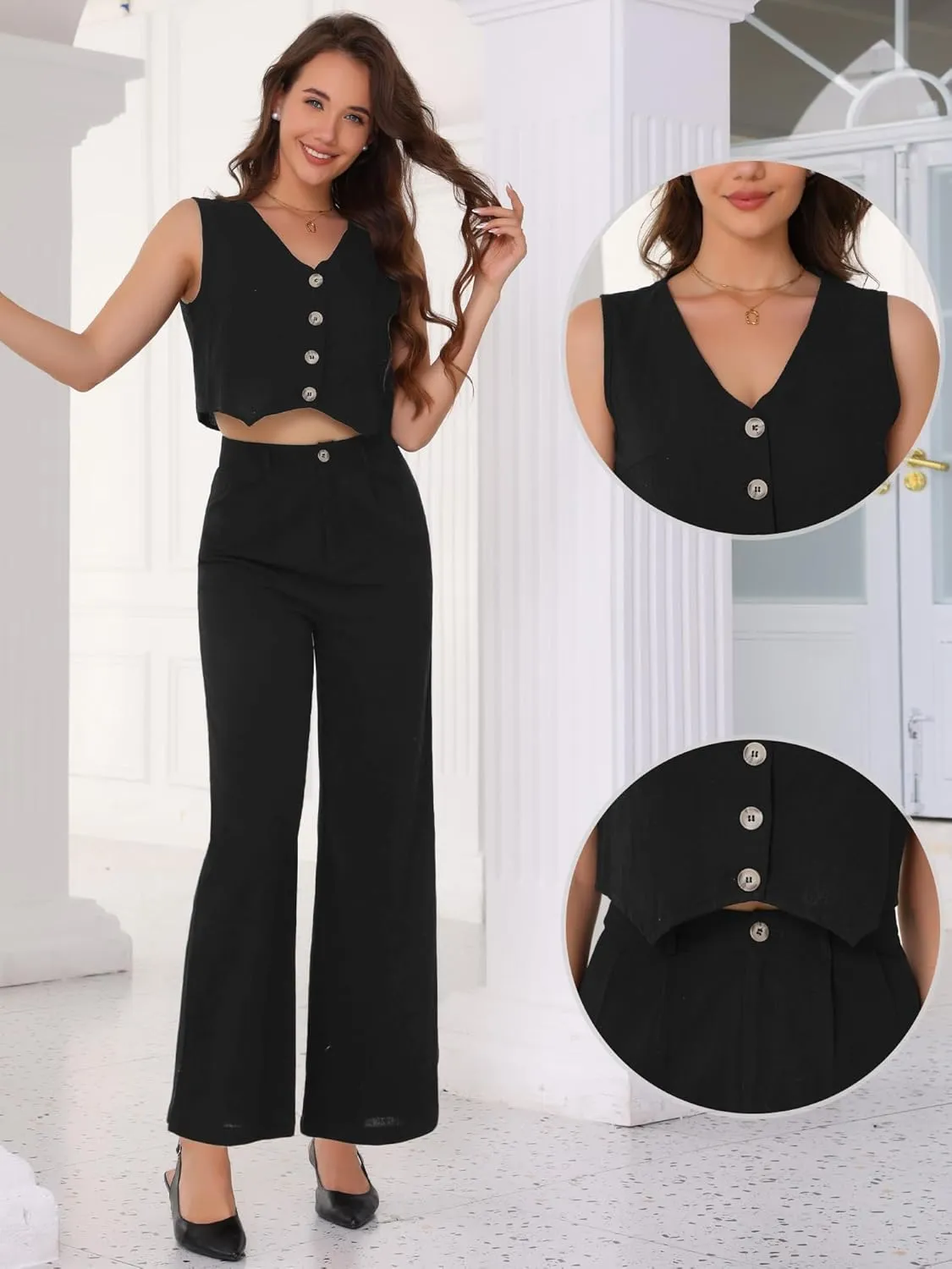 Allegra K Summer Two Piece Sets for Women Linen Crop Vest Wide Leg Pant Suits Dressy Casual Outfits