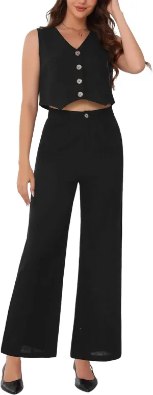 Allegra K Summer Two Piece Sets for Women Linen Crop Vest Wide Leg Pant Suits Dressy Casual Outfits