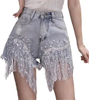 Andongnywell Ripped Denim Shorts Women Rhinestone Pearl Beaded Sequins Shorts Summer High Waist Frayed Raw Hem Jeans Shorts