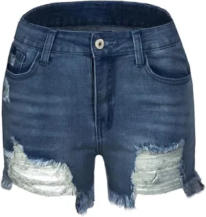 Andongnywell Summer Raw Hem Distressed Denim Shorts Women Mid Waisted Trendy Casual Stretch Jean Shorts with Pockets