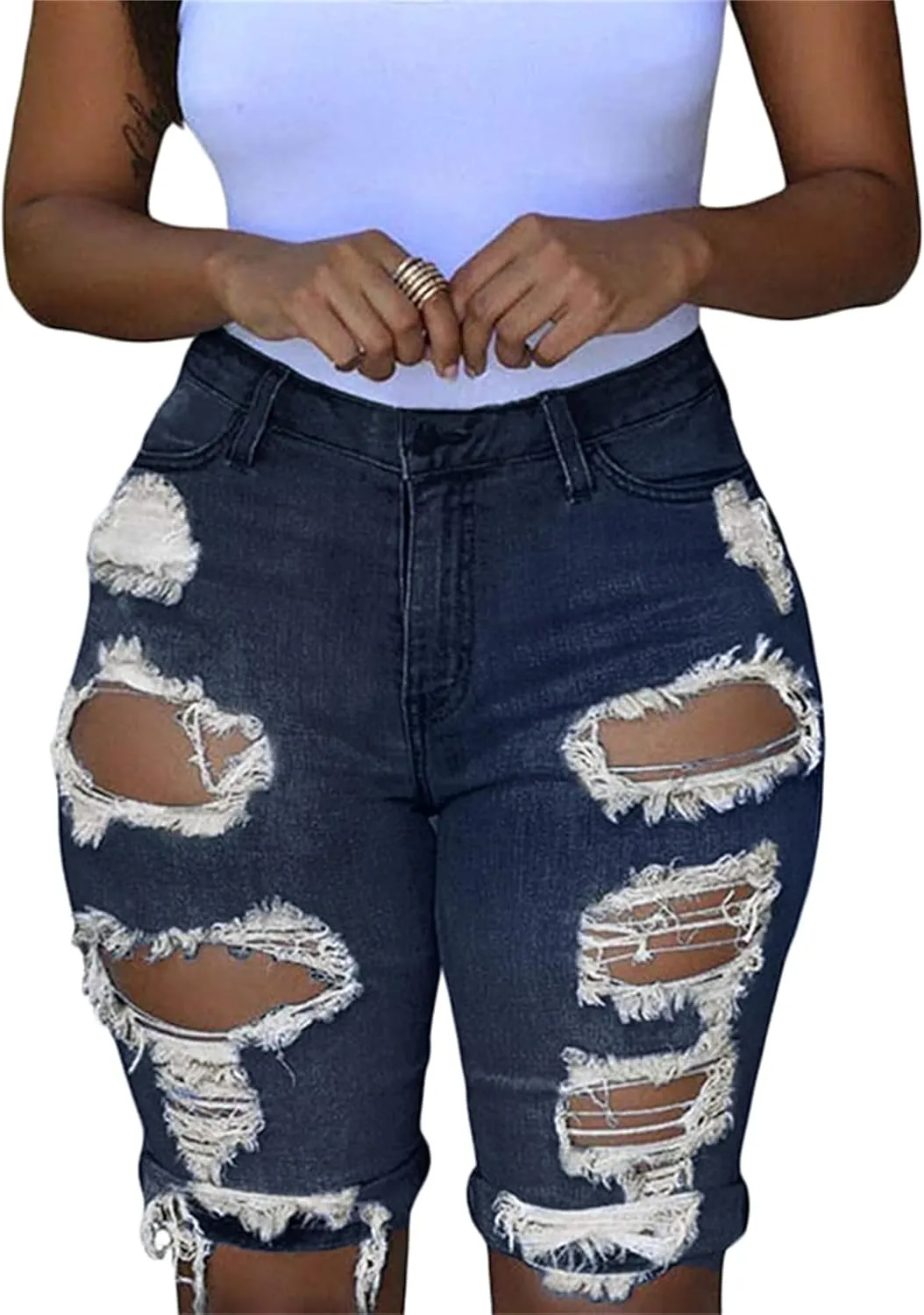 Andongnywell Womens High Waisted Casual Ripped Frayed Jean Shorts Juniors Raw Hem Distressed Denim Shorts Hot Pants