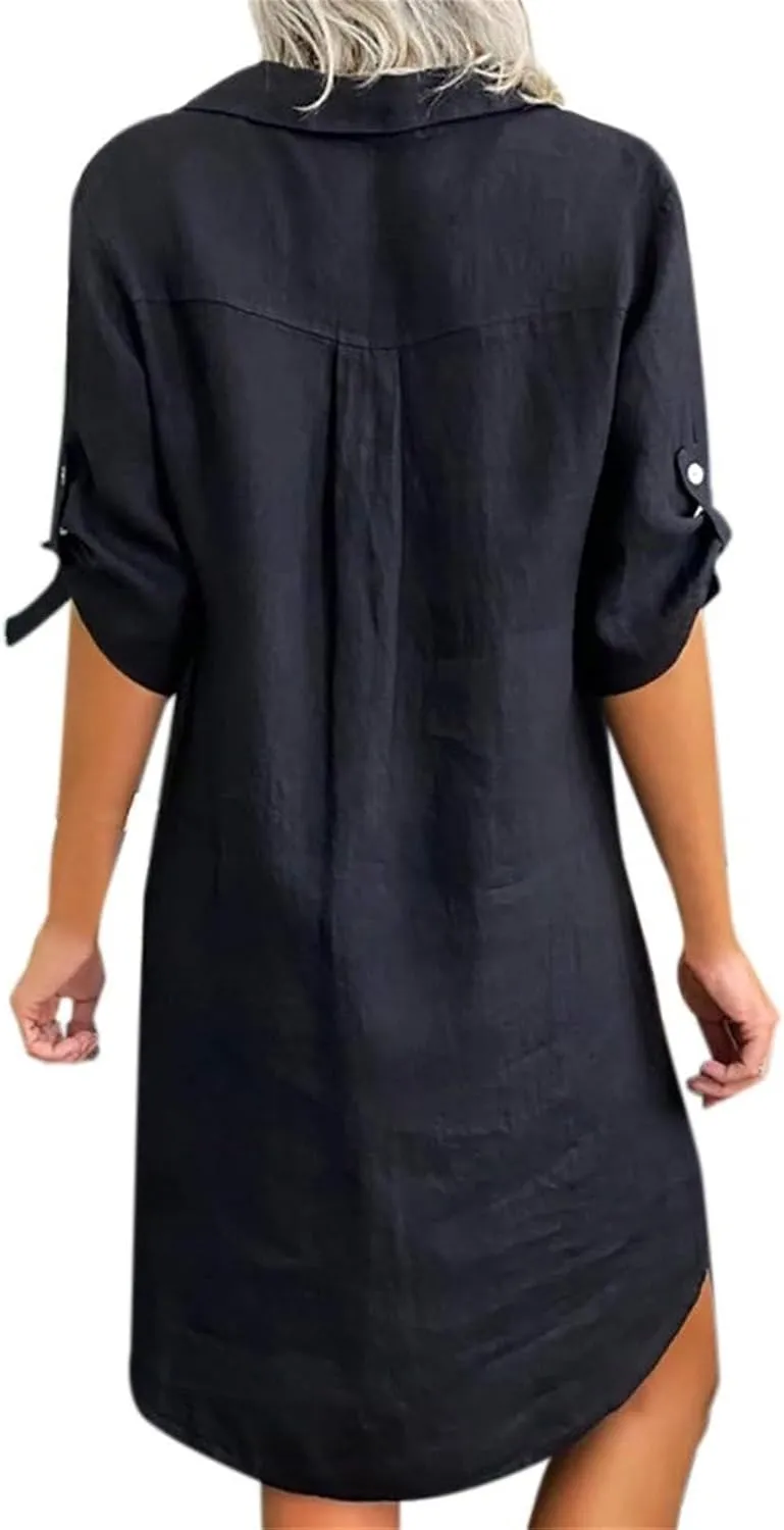 Beach Cover Ups for Women Loose Fit Cotton and Linen Short Sleeve Shirt Lapel Dresses Bathing Suit Cover Up Dresses