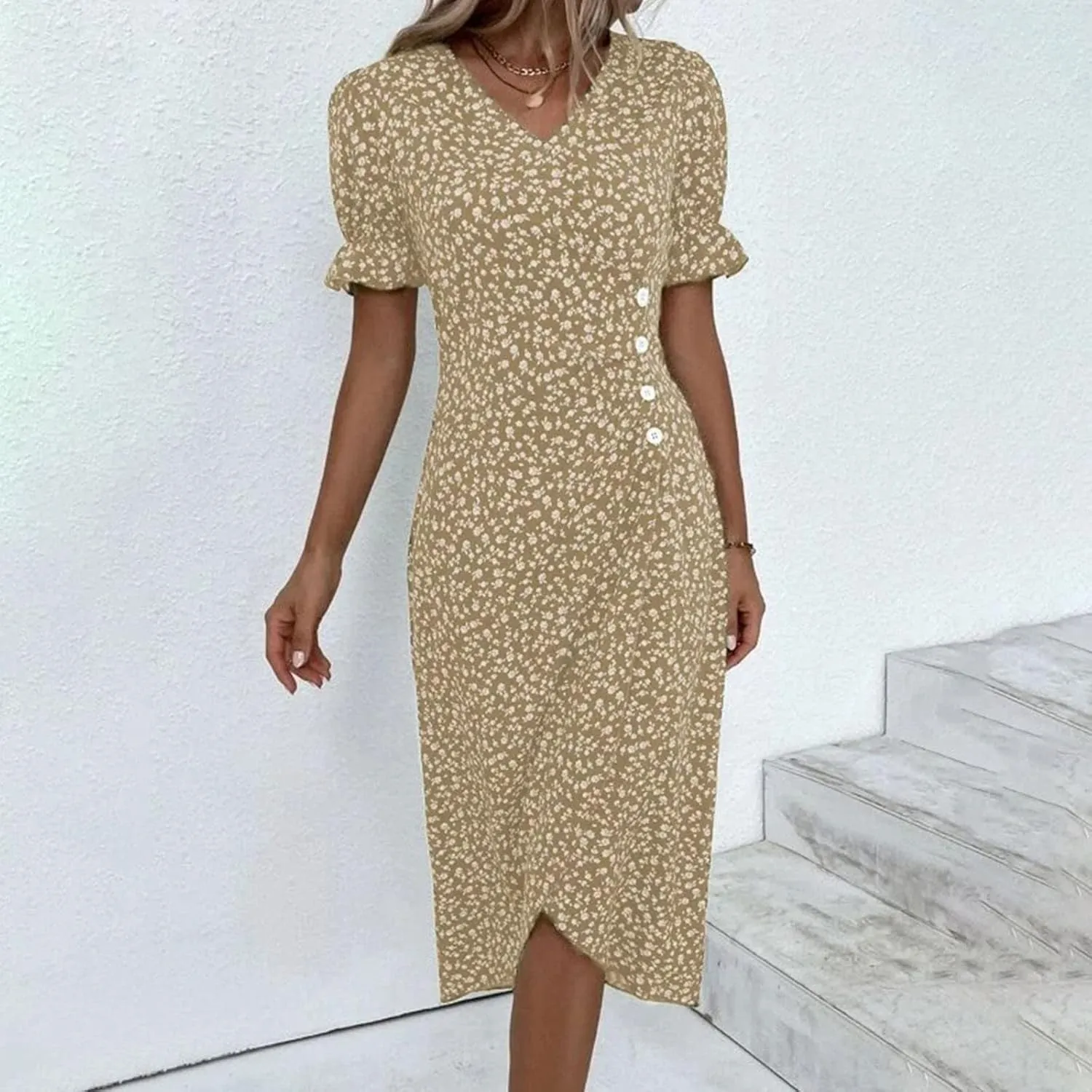 Beach Dresses for Women 2025 Spring Trendy Elegant Wrap V Neck Floral Boho Sundress High-Low Hem Flowy Midi Dress