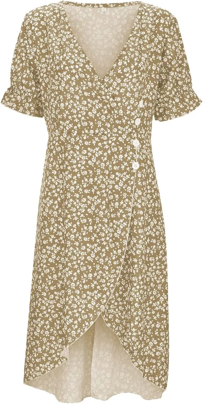 Beach Dresses for Women 2025 Spring Trendy Elegant Wrap V Neck Floral Boho Sundress High-Low Hem Flowy Midi Dress