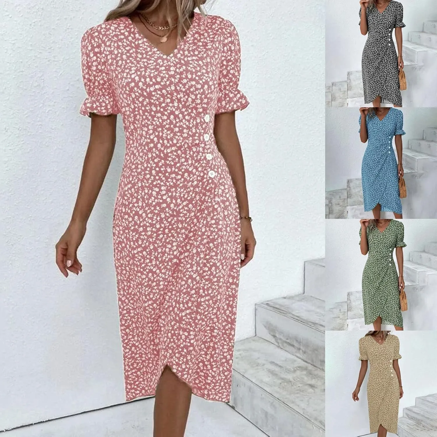 Beach Dresses for Women 2025 Spring Trendy Elegant Wrap V Neck Floral Boho Sundress High-Low Hem Flowy Midi Dress