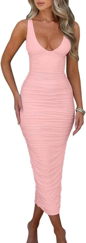 BEAGIMEG Women's Sexy Ruched Sleeveless Deep V Elegant Cocktail Evening Party Maxi Dress