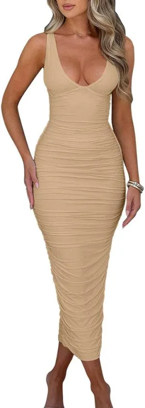 BEAGIMEG Women's Sexy Ruched Sleeveless Deep V Elegant Cocktail Evening Party Maxi Dress