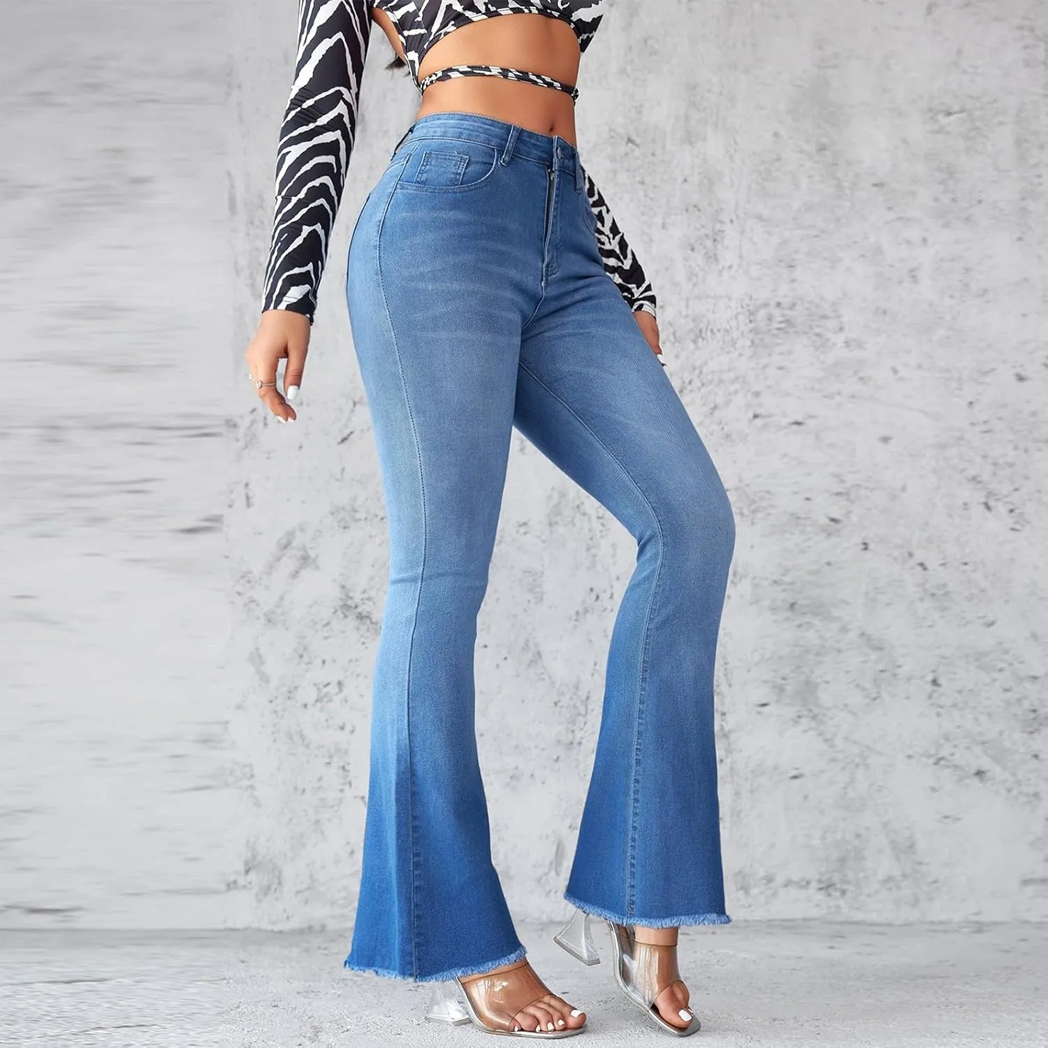 Bell Bottom Jeans for Women Ripped Skinny Bell Bottom Ladies Elastic Skinny Flared Raw Hem Flare Denim Pants