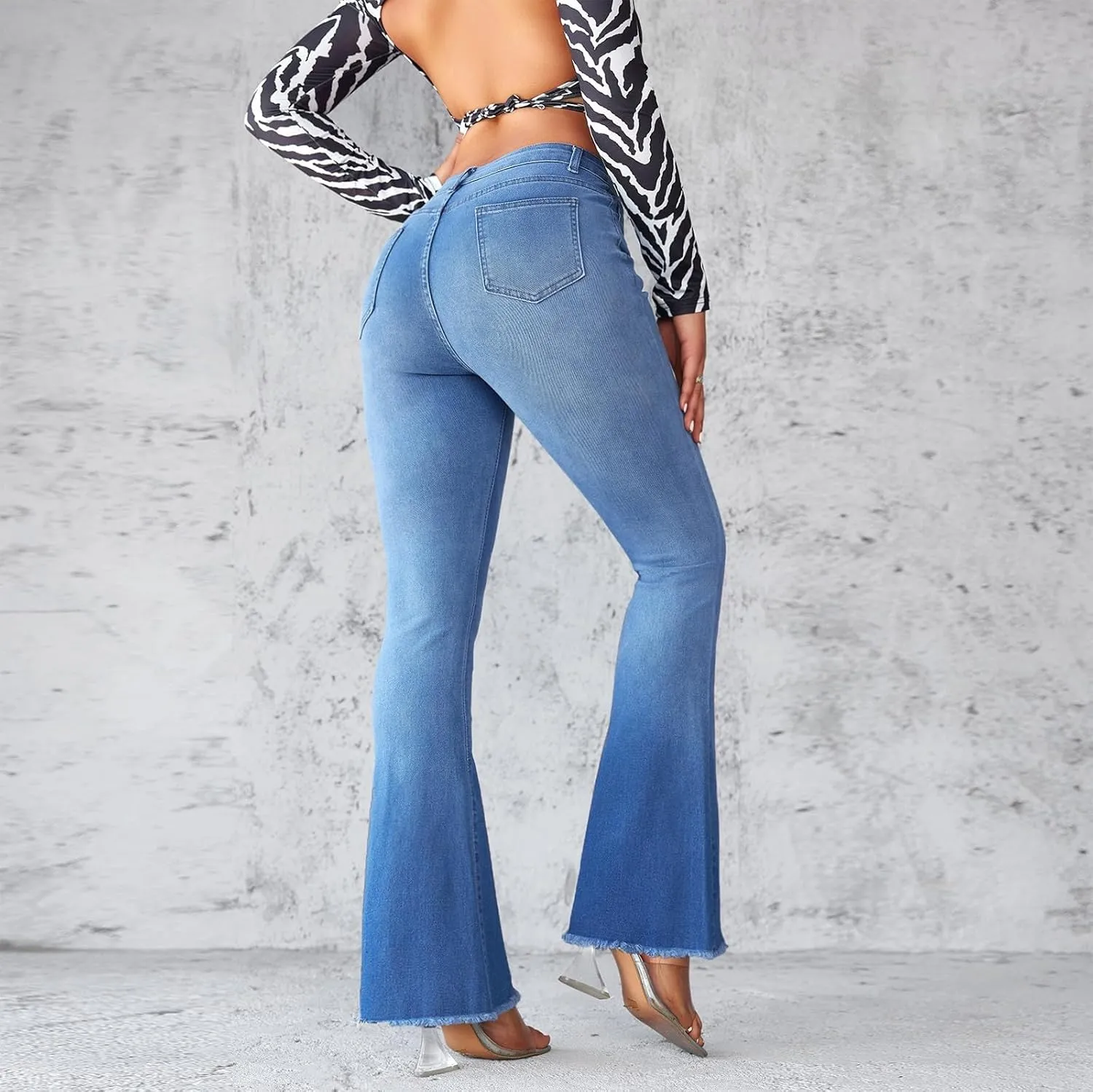 Bell Bottom Jeans for Women Ripped Skinny Bell Bottom Ladies Elastic Skinny Flared Raw Hem Flare Denim Pants