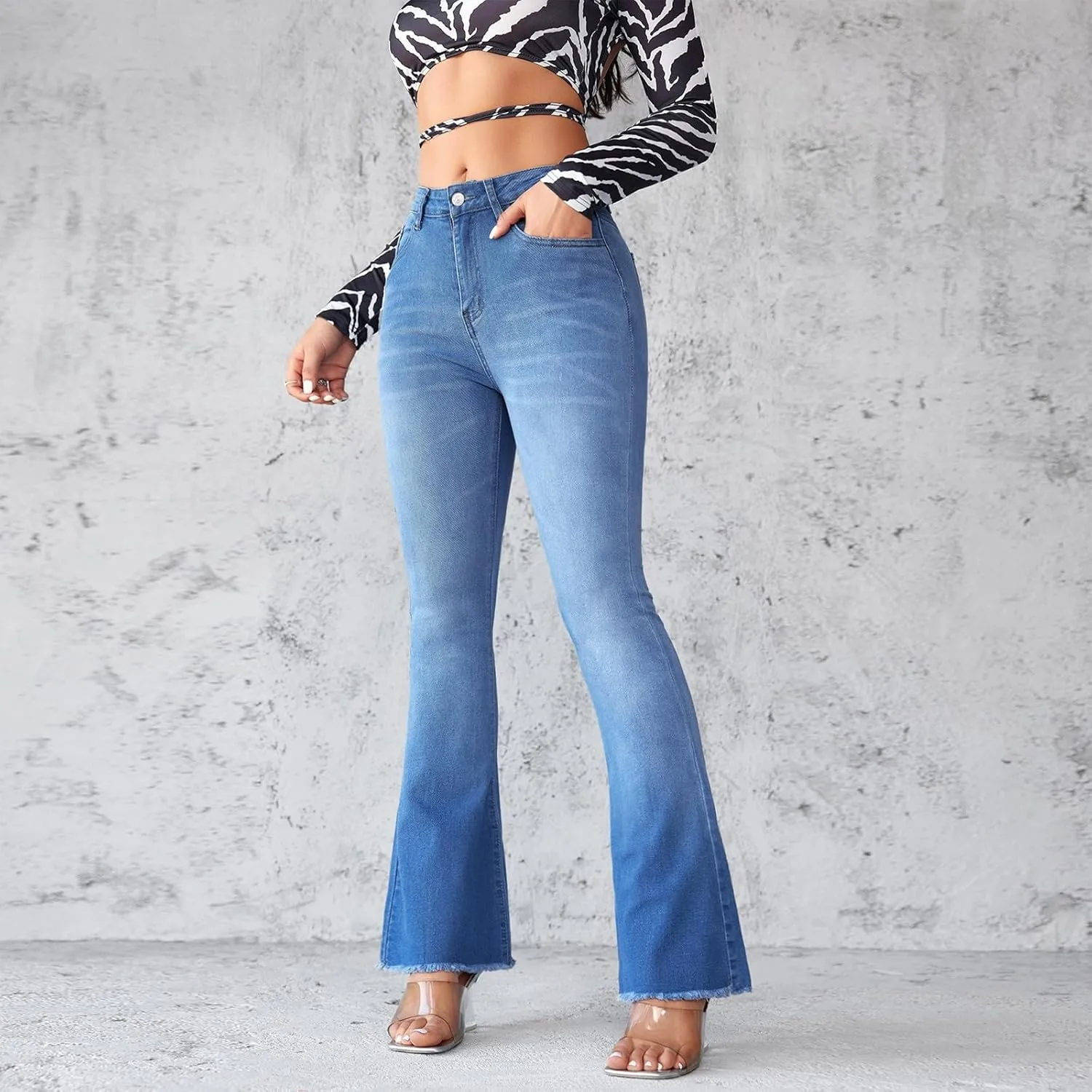 Bell Bottom Jeans for Women Ripped Skinny Bell Bottom Ladies Elastic Skinny Flared Raw Hem Flare Denim Pants