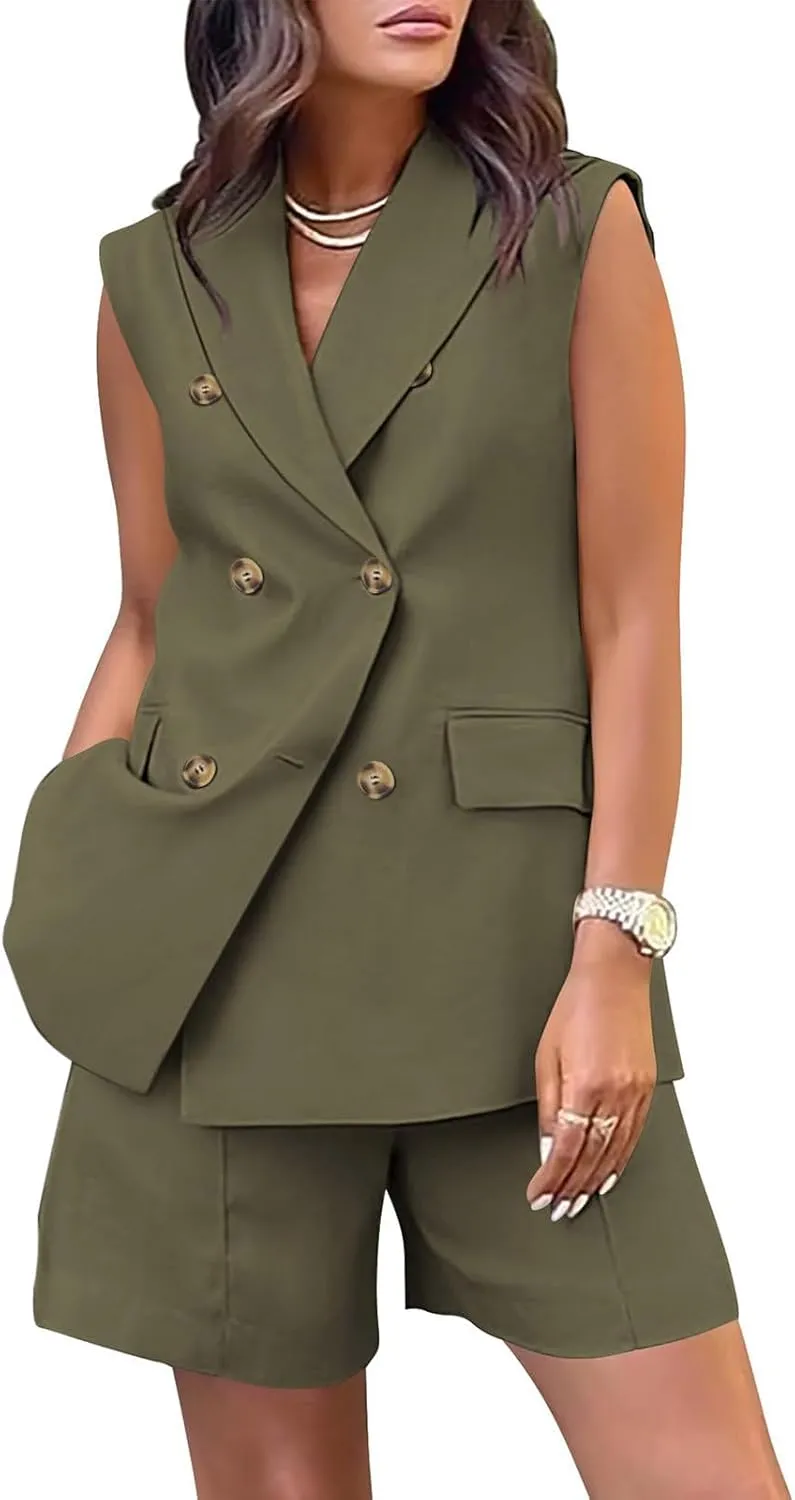Binmer Women's Casual Sleeveless Blazer Vest Shorts Sets Double Breasted V Neck Office 2 Piece Lounge Matching Outfits Sets