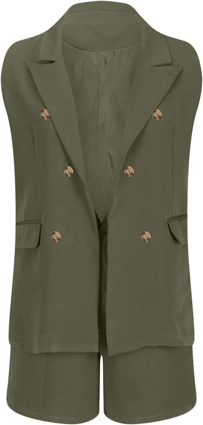 Binmer Women's Casual Sleeveless Blazer Vest Shorts Sets Double Breasted V Neck Office 2 Piece Lounge Matching Outfits Sets