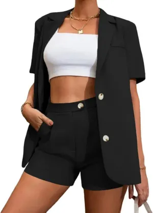 Blazer Sets Women 2 Piece Outfits Open Front Short Sleeve Blazer Jacket and Shorts Set Business Office Suits