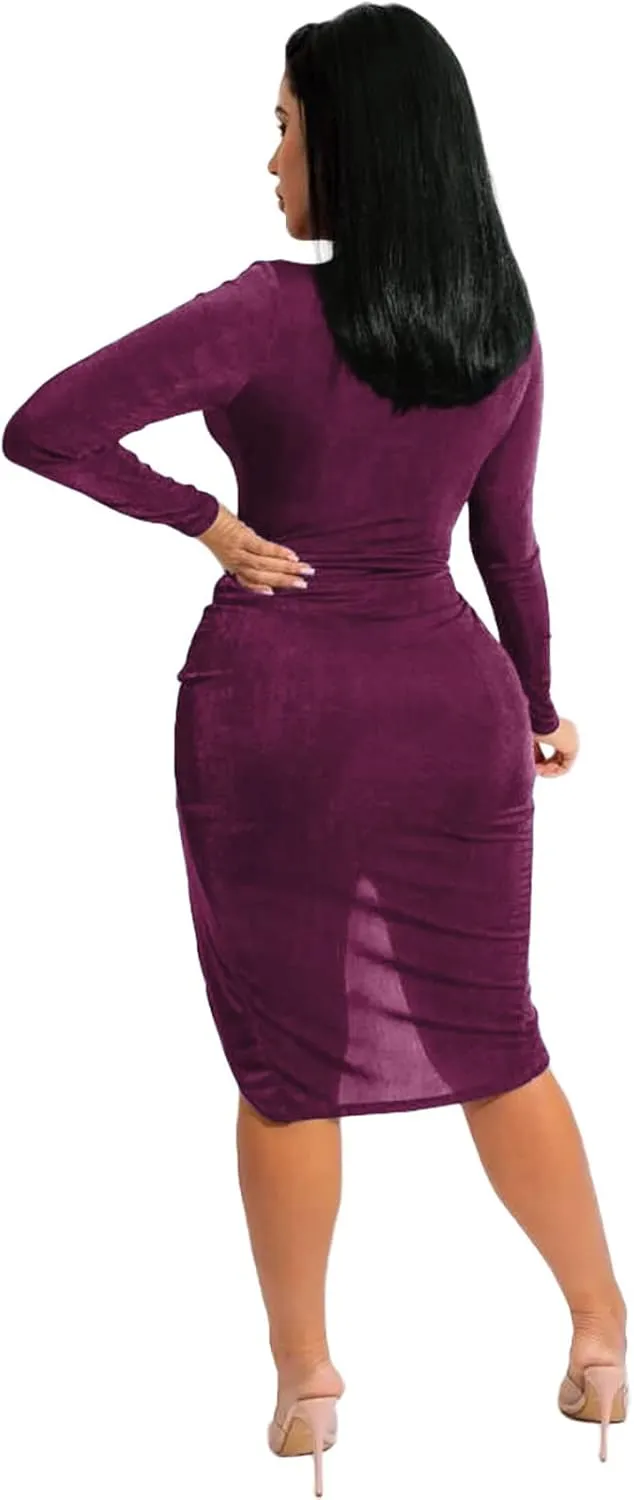 BOGURST Winter Velour Dress for Women Wrap Deep V Neck Long Sleeve Midi Dress Cocktail Party Bodycon Dress