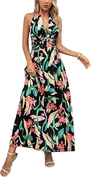 Boho Dresses for Women 2025 Trendy Summer Halter Maxi Dress Casual Loose Long Floral Dress Beach Vacation Dresses