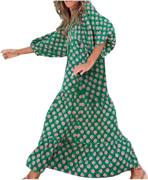 Boho Maxi Dresses for Women 2025 Casual Loose Fit Summer Long Bohemian Dress 3/4 Sleeve V Neck Plus Size Flowy Spring Dress